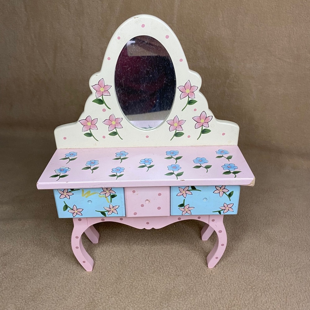 Wooden Kids Doll Vanity Dresser w/ Mirror Pink Blue Flowers Play Toy Vintage EUC